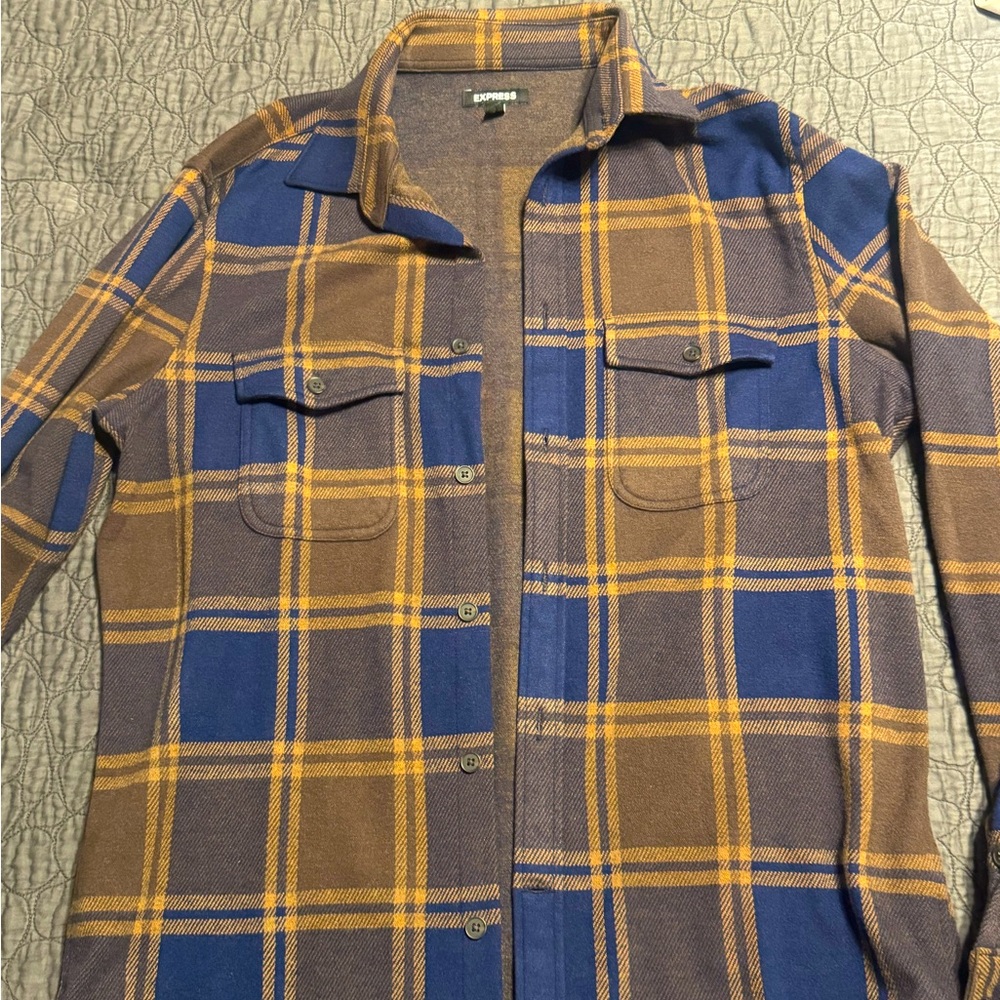Express Men's Blue and Brown Plaid flannel button up
